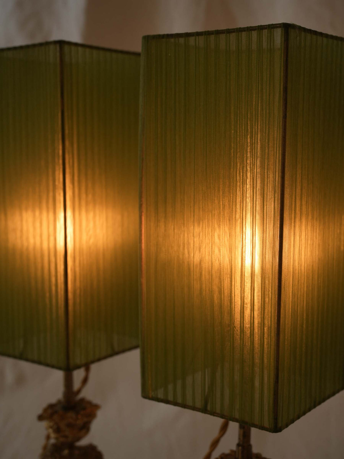 Enchanting Pair of Antique Ormolu Candlesticks Converted into Lamps w/ Peridot Organza Shades - 22"