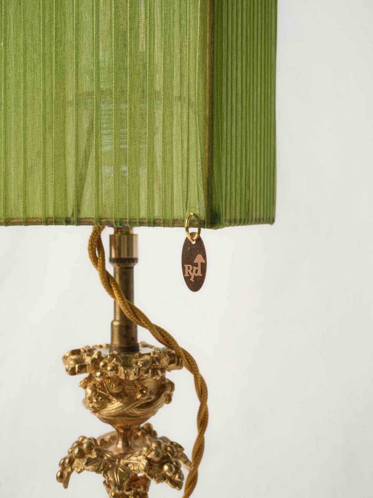 Enchanting Pair of Antique Ormolu Candlesticks Converted into Lamps w/ Peridot Organza Shades - 22"