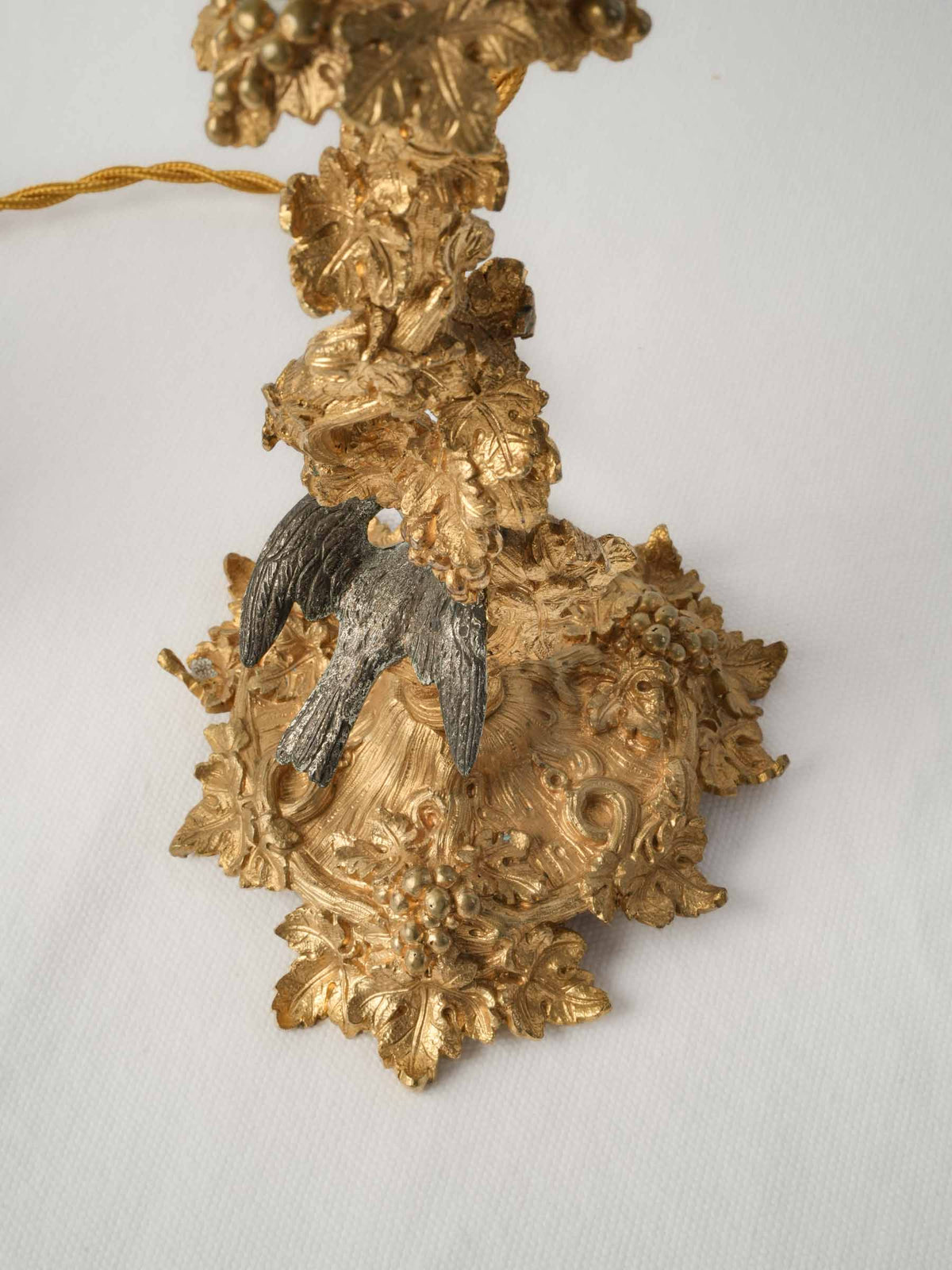 Enchanting Pair of Antique Ormolu Candlesticks Converted into Lamps w/ Peridot Organza Shades - 22"