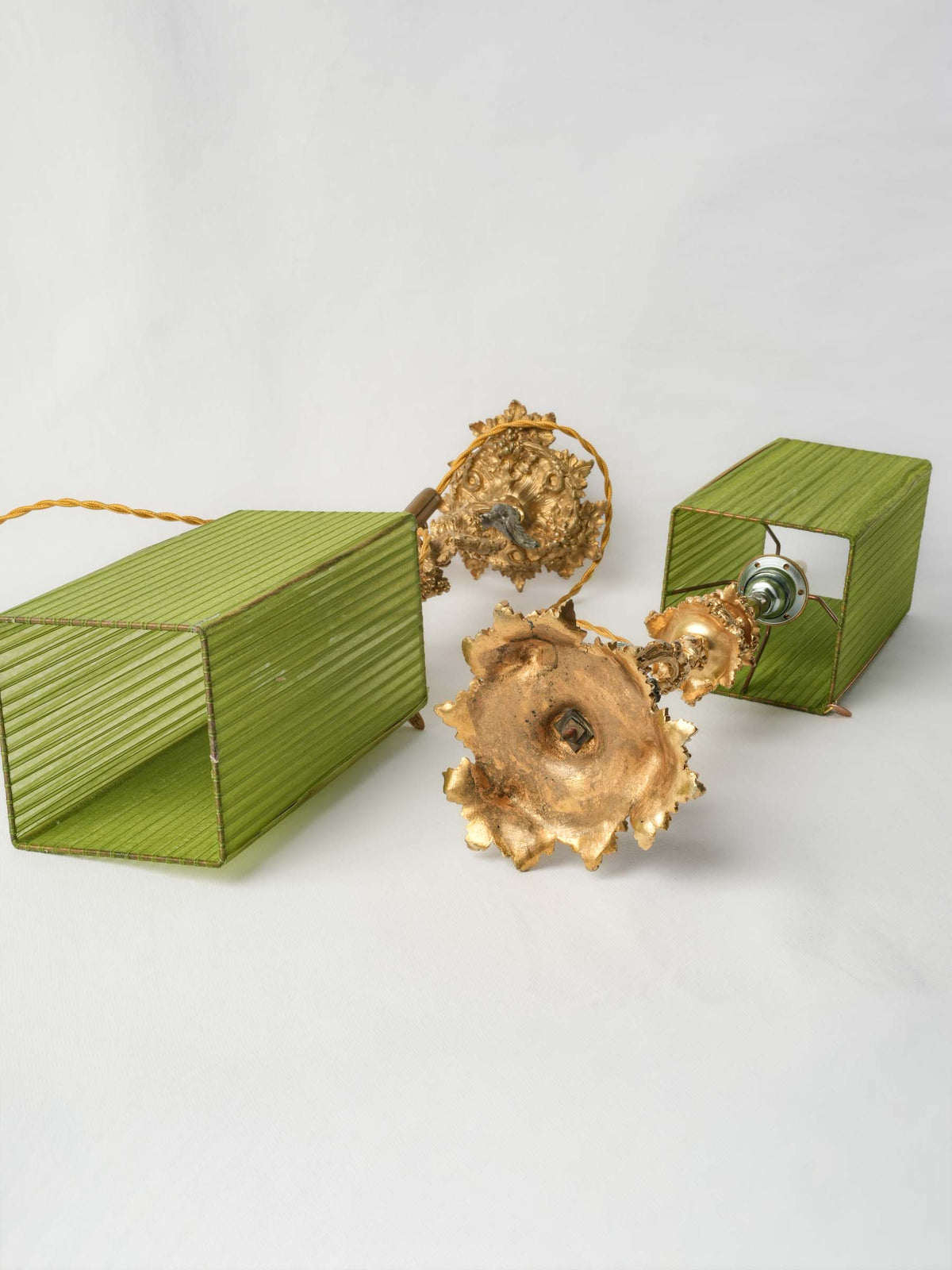 Enchanting Pair of Antique Ormolu Candlesticks Converted into Lamps w/ Peridot Organza Shades - 22"
