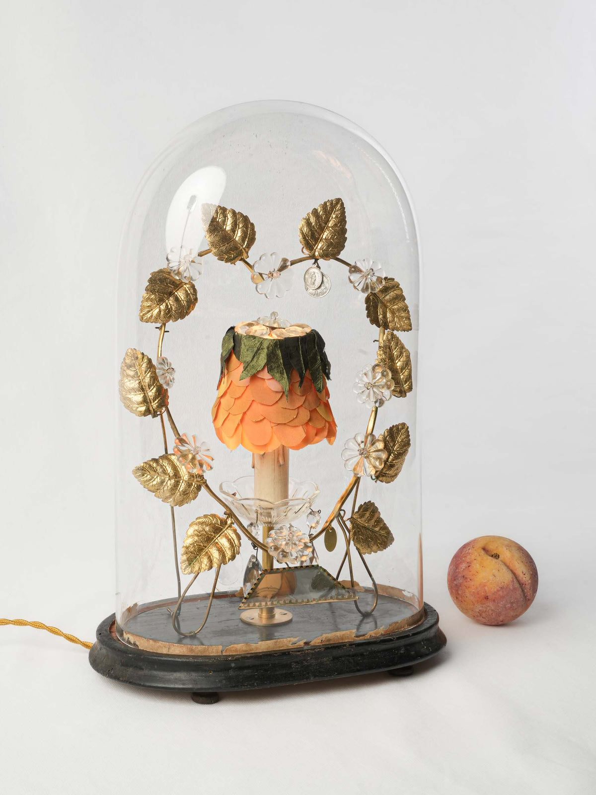 Bespoke Lamp w/ Antique Bridal Globe and Silk-Petal Shade - 17¾"