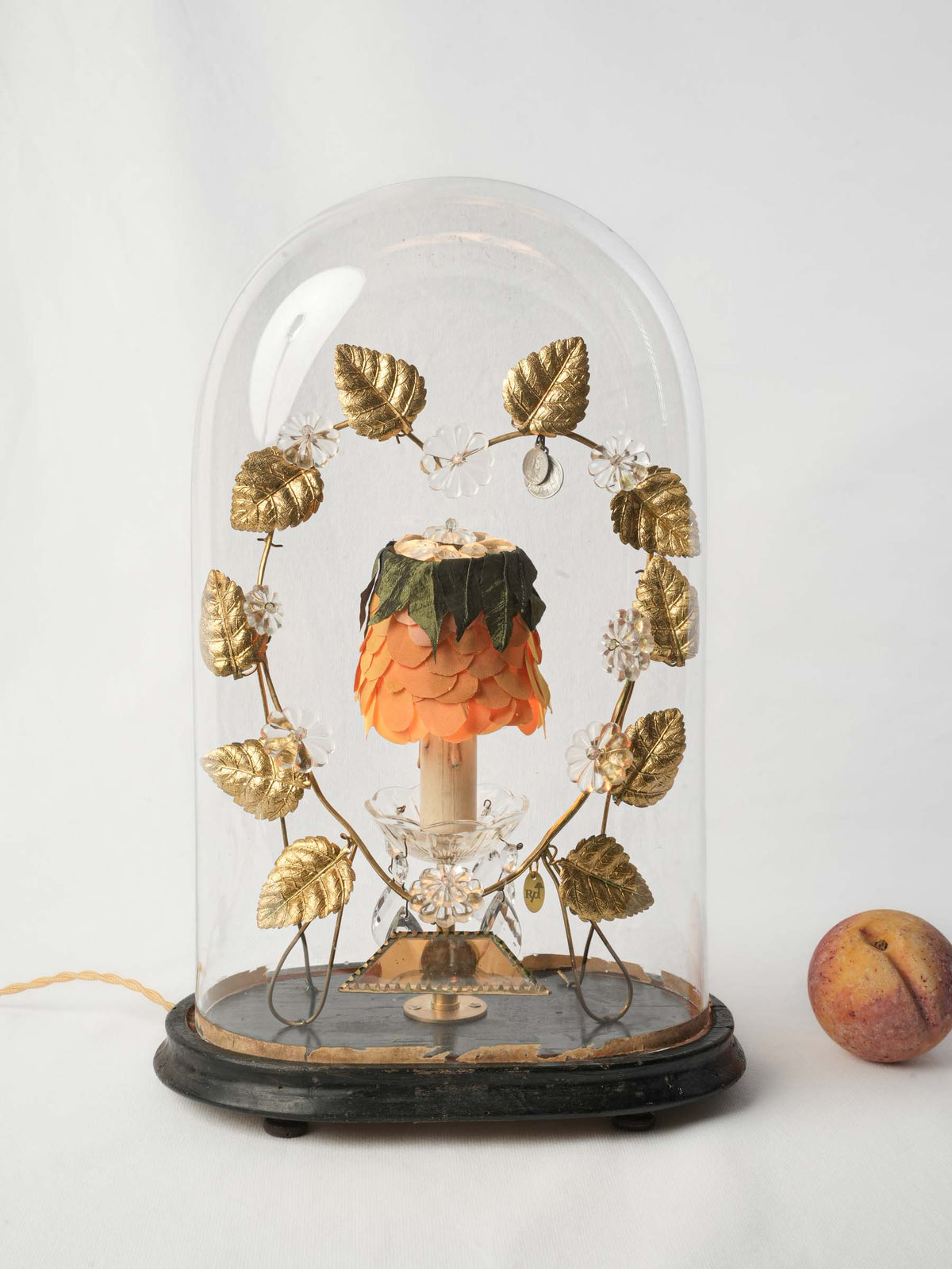 Bespoke Lamp w/ Antique Bridal Globe and Silk-Petal Shade - 17¾"