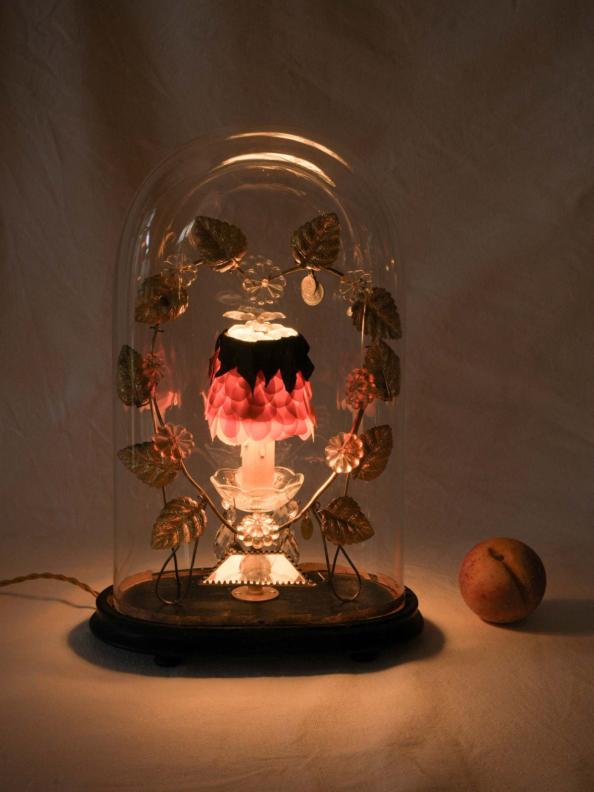 Bespoke Lamp w/ Antique Bridal Globe and Silk-Petal Shade - 17¾"