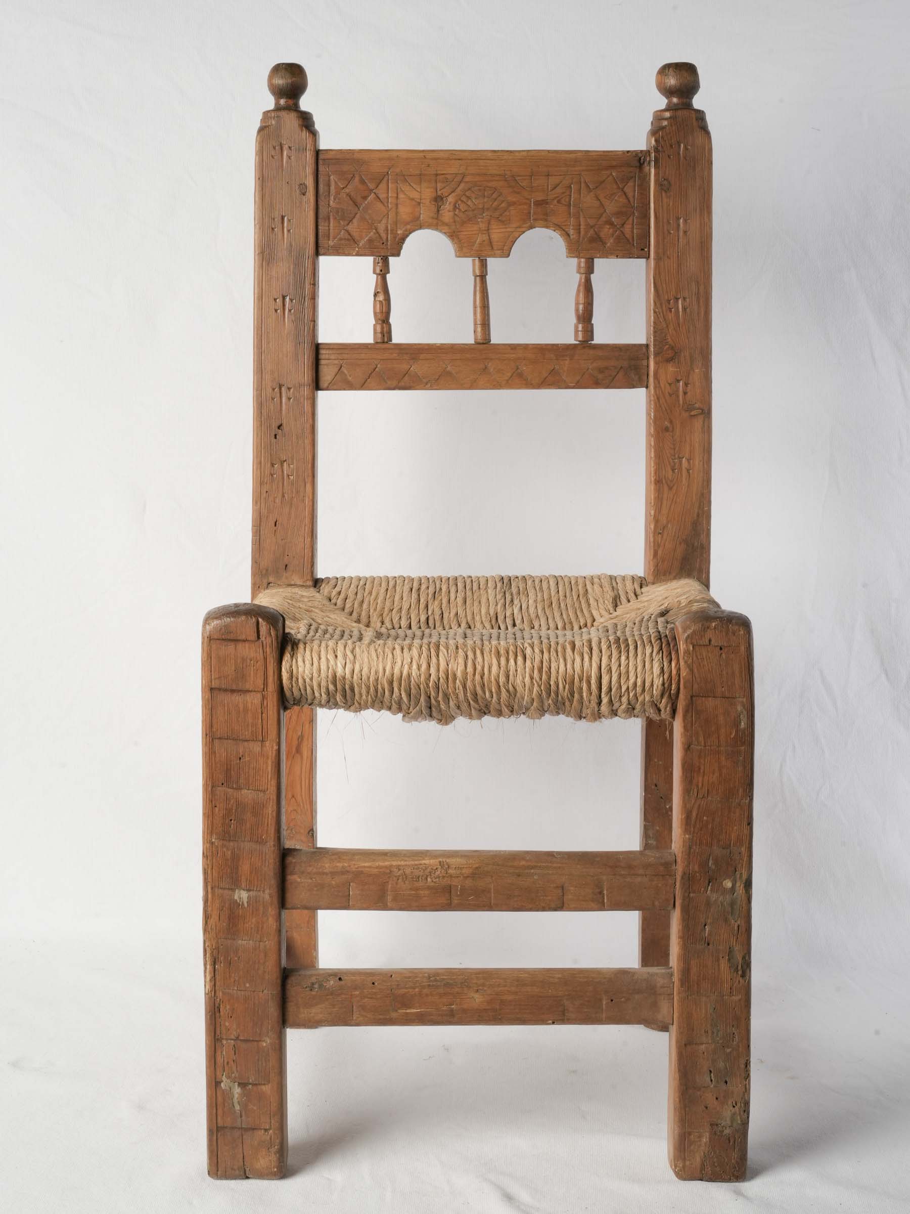 Early 20th-Century Hand-Carved Rustic Chair w/ Rush Seat -35¾"
