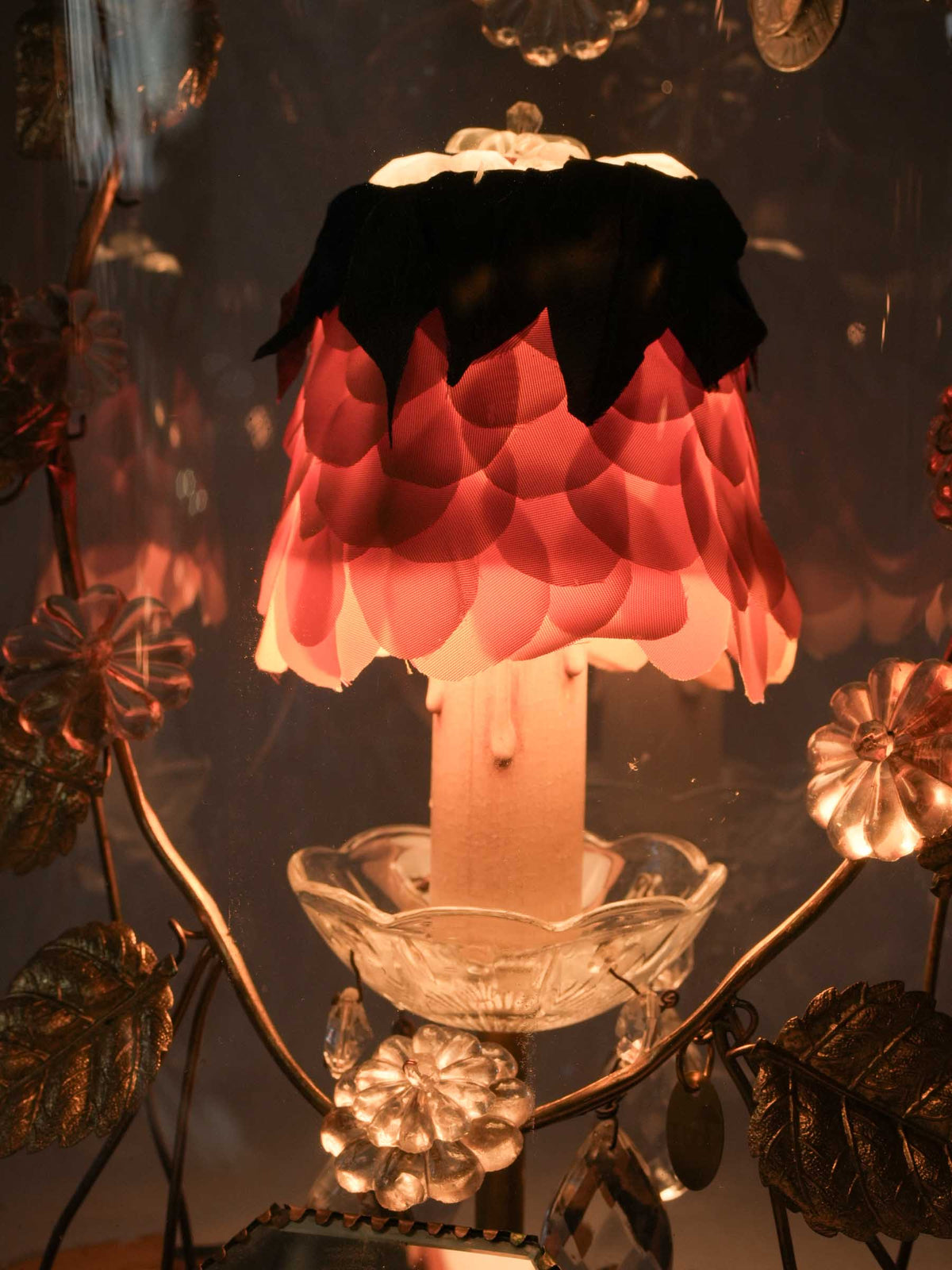 Bespoke Lamp w/ Antique Bridal Globe and Silk-Petal Shade - 17¾"