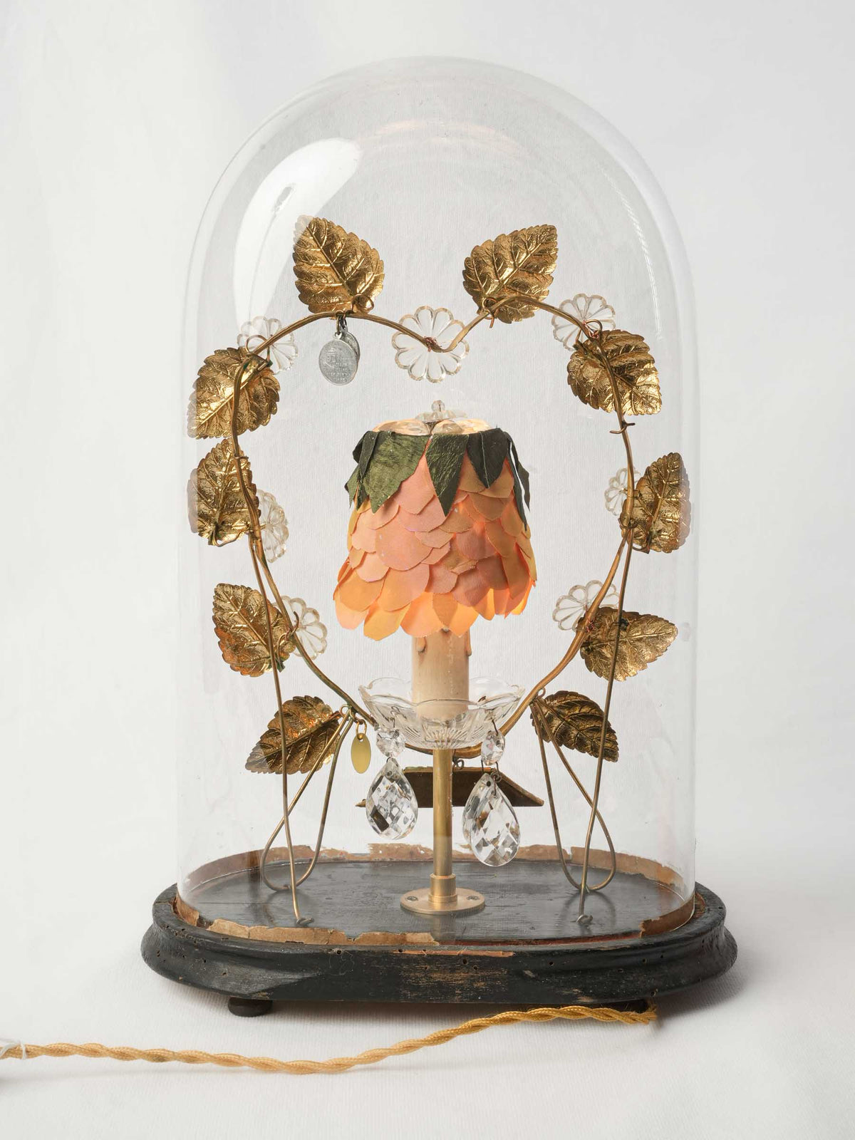 Bespoke Lamp w/ Antique Bridal Globe and Silk-Petal Shade - 17¾"