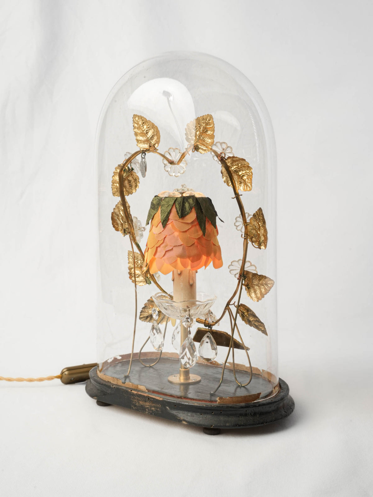 Bespoke Lamp w/ Antique Bridal Globe and Silk-Petal Shade - 17¾"