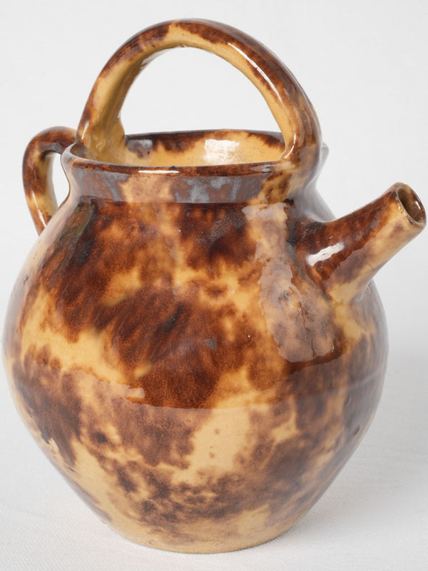 Antique French petit cruche w/ mottled yellow-brown glaze 8¼"