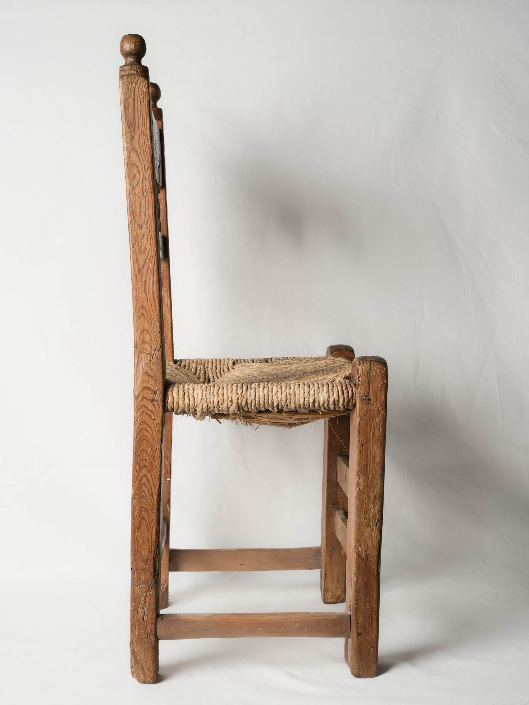 Early 20th-Century Hand-Carved Rustic Chair w/ Rush Seat -35¾"