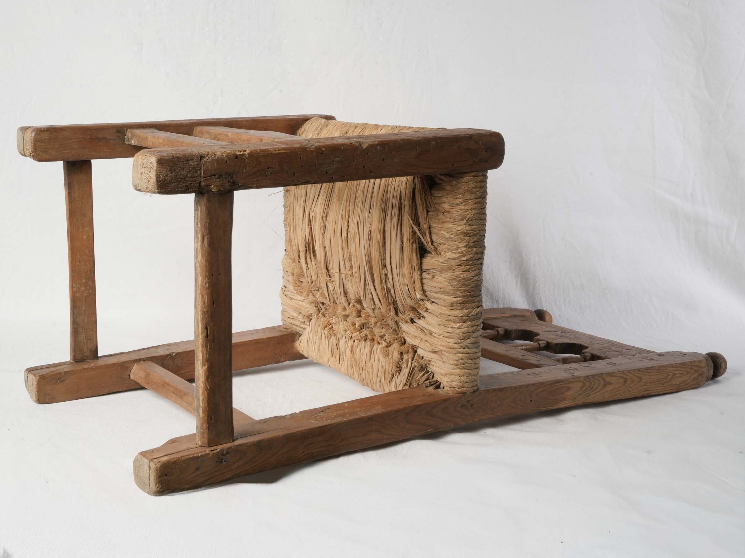 Early 20th-Century Hand-Carved Rustic Chair w/ Rush Seat -35¾"