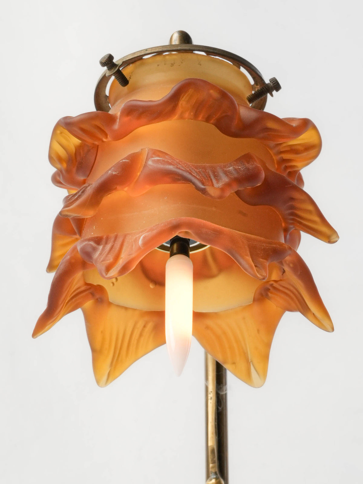 Art Nouveau Brass Table Lamp w/ Pâte-de-Verre Flower Shade - 12¼"