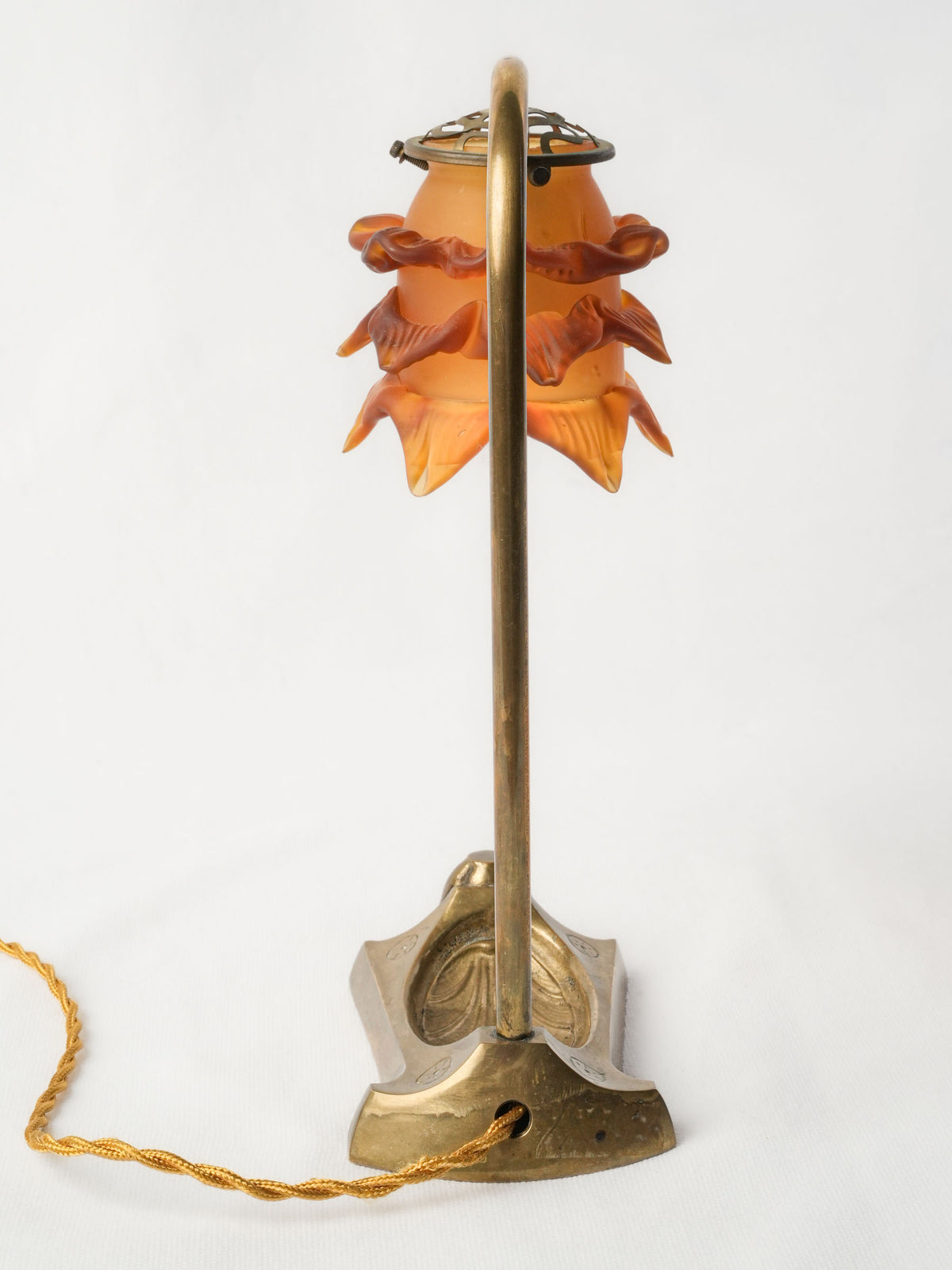 Art Nouveau Brass Table Lamp w/ Pâte-de-Verre Flower Shade - 12¼"