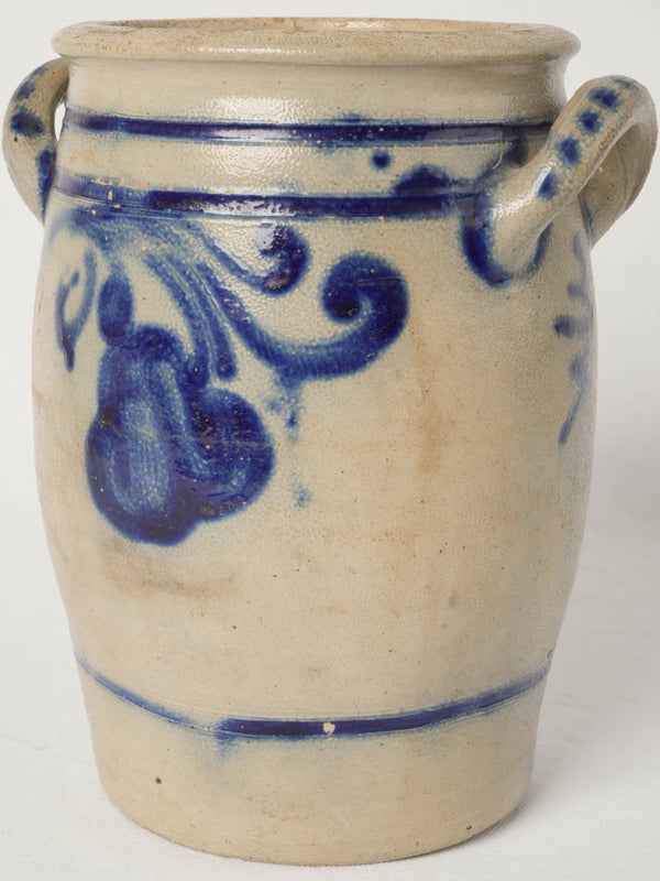 Antique European white pot w/ blue-glazed fruit motifs 9¾"