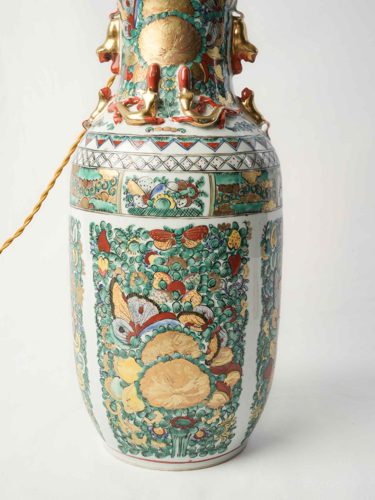 Tall Table Lamp w/ Chinese Ceramic Vessel and Custom Ochre Linen Shade - 44"
