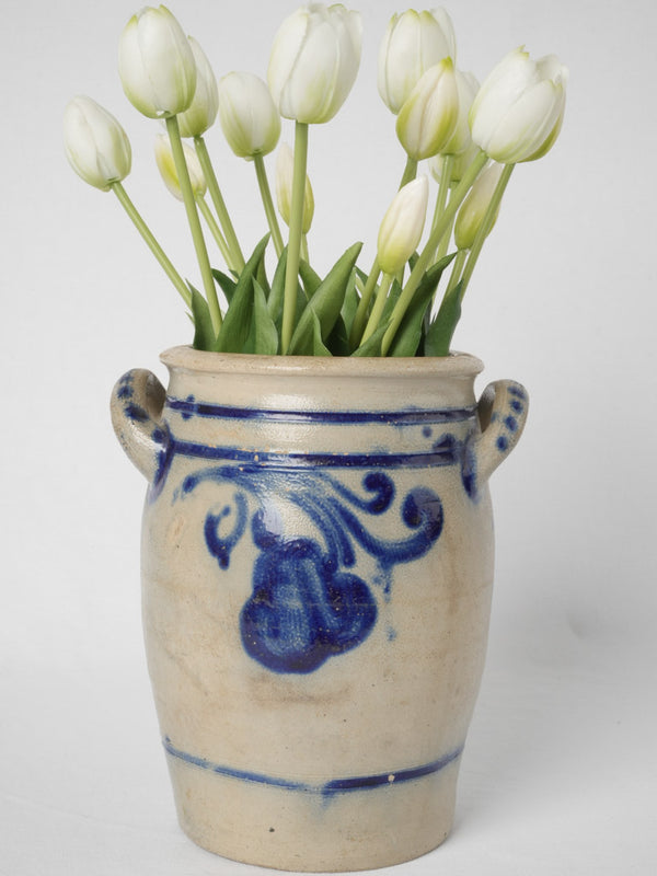 Antique European white pot w/ blue-glazed fruit motifs 9¾"