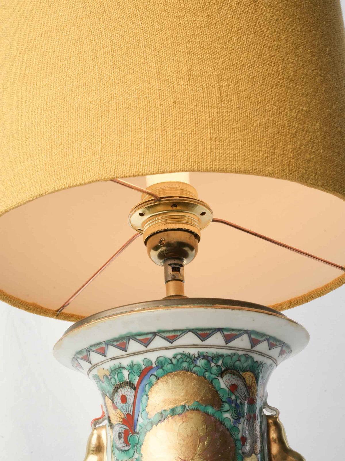 Tall Table Lamp w/ Chinese Ceramic Vessel and Custom Ochre Linen Shade - 44"