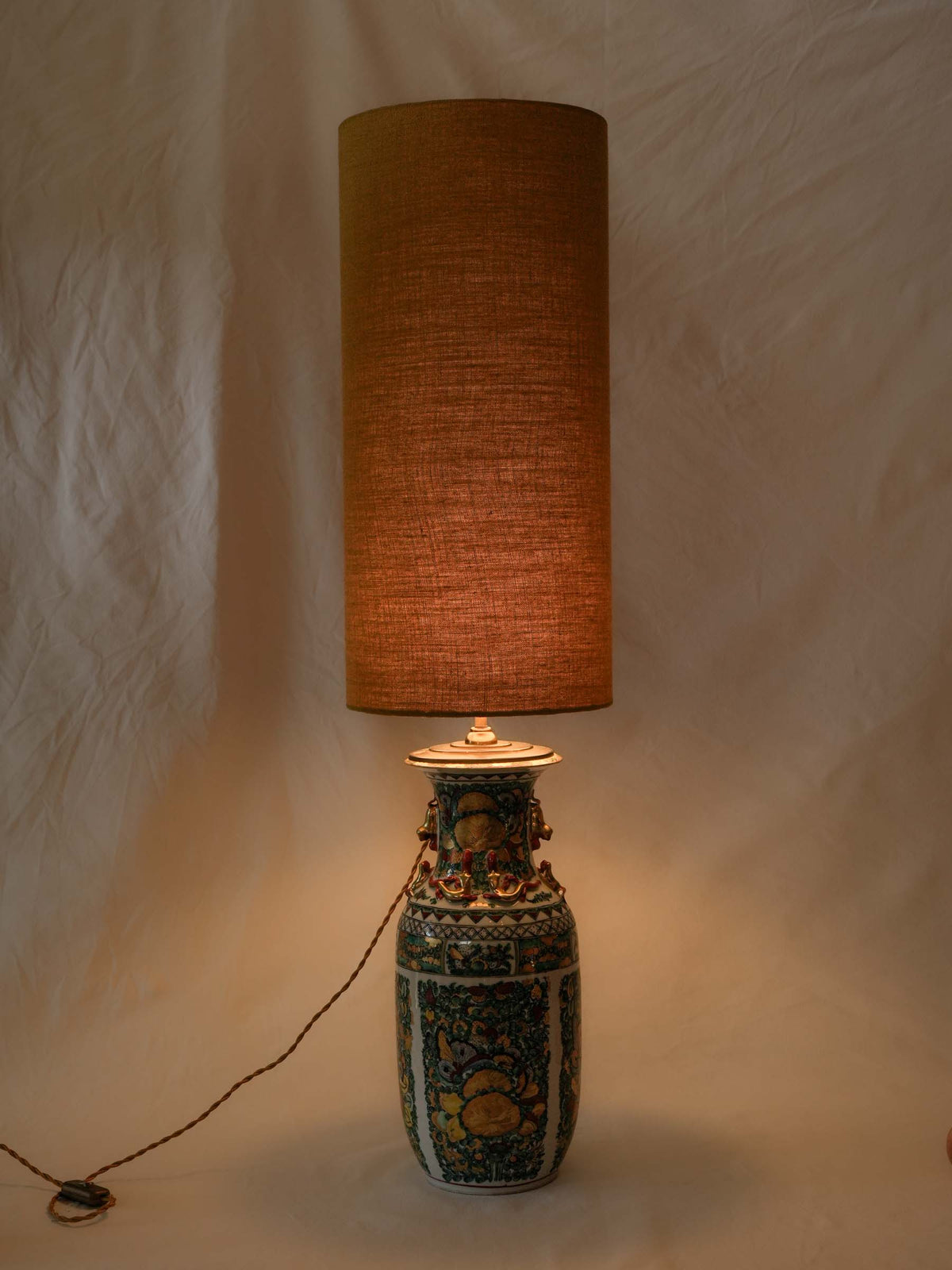 Tall Table Lamp w/ Chinese Ceramic Vessel and Custom Ochre Linen Shade - 44"