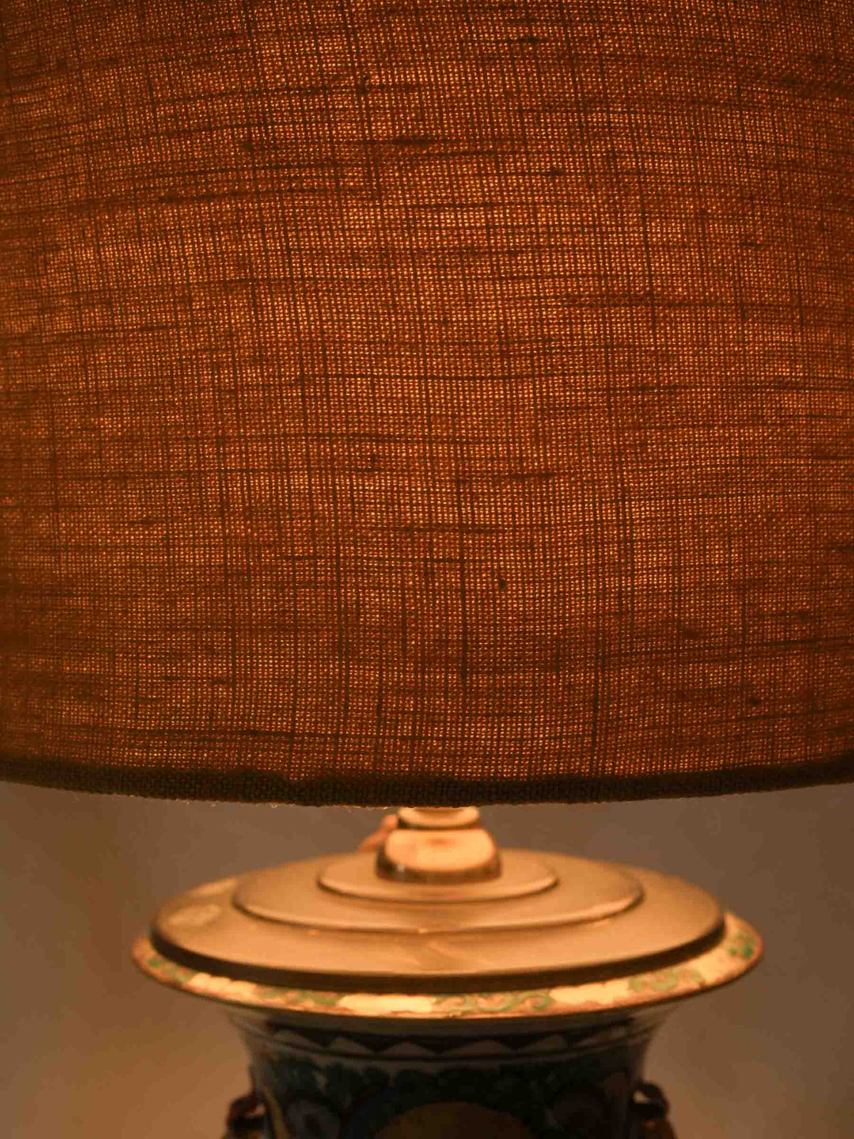 Tall Table Lamp w/ Chinese Ceramic Vessel and Custom Ochre Linen Shade - 44"