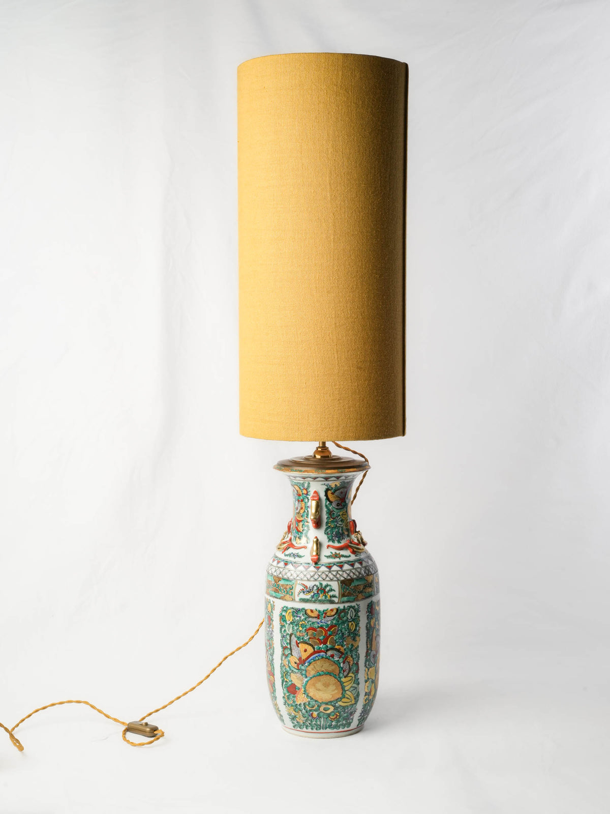 Tall Table Lamp w/ Chinese Ceramic Vessel and Custom Ochre Linen Shade - 44"