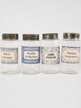 4 apothecary jars - blue & white labels 8¼"