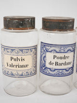 4 apothecary jars - blue & white labels 8¼"