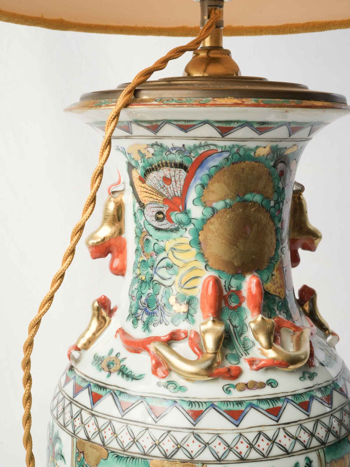 Tall Table Lamp w/ Chinese Ceramic Vessel and Custom Ochre Linen Shade - 44"