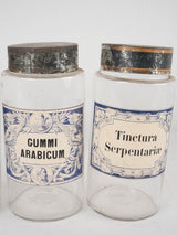 4 apothecary jars - blue & white labels 8¼"