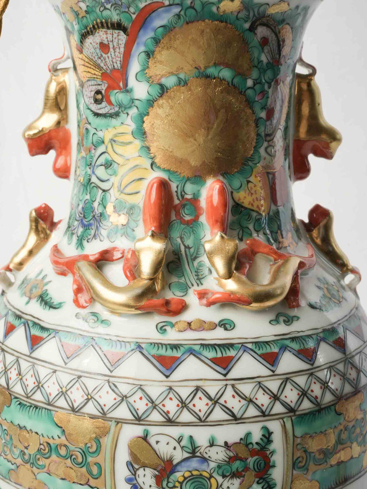Tall Table Lamp w/ Chinese Ceramic Vessel and Custom Ochre Linen Shade - 44"