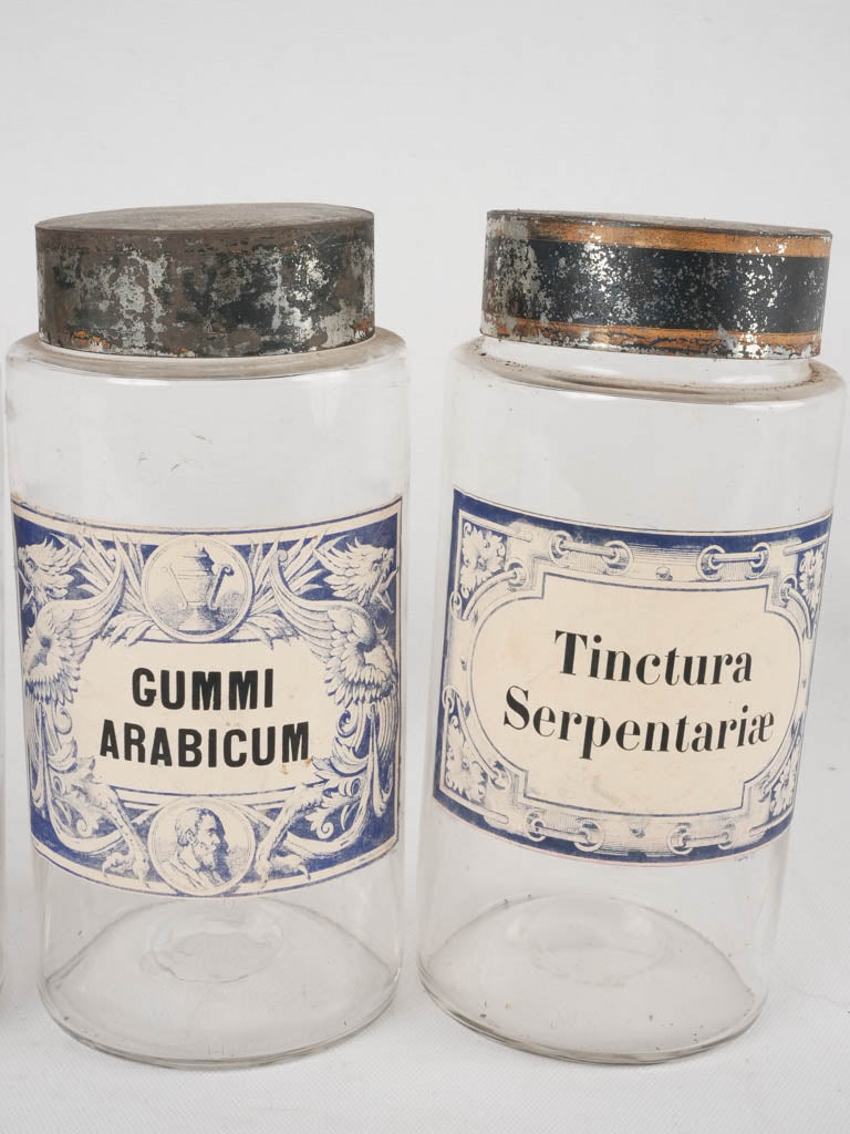 4 apothecary jars - blue & white labels 8¼"