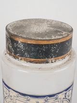 4 apothecary jars - blue & white labels 8¼"