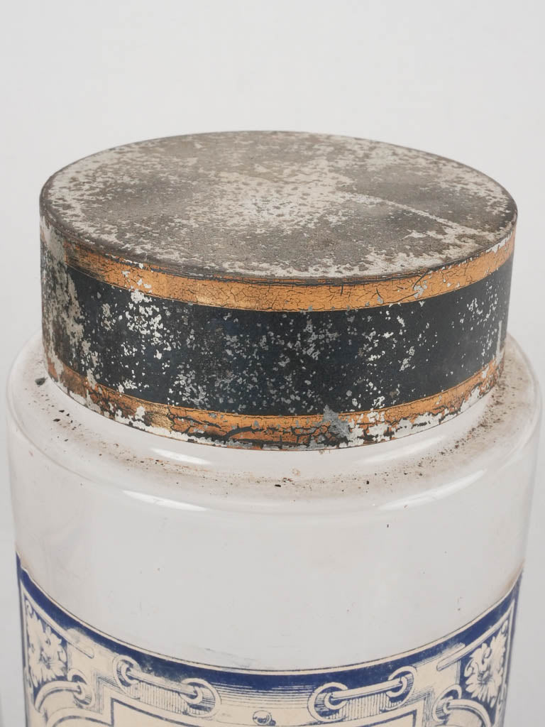 4 apothecary jars - blue & white labels 8¼"