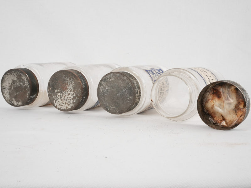 4 apothecary jars - blue & white labels 8¼"