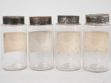 4 apothecary jars - blue & white labels 8¼"