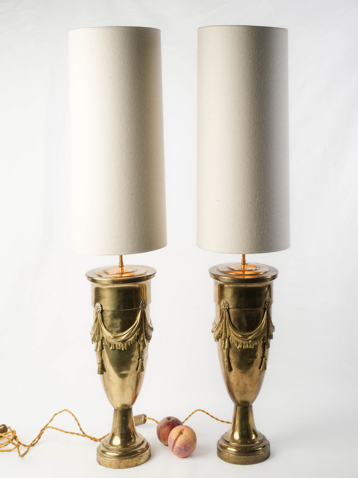 Pair of Very Tall Brass Urn Table Lamps w/ Custom-Made Felt Shades - 45"