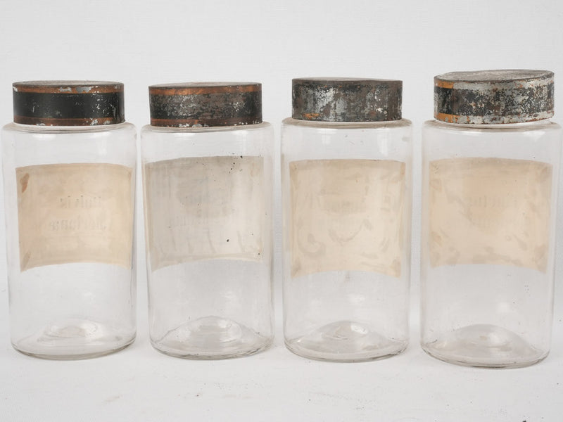 4 apothecary jars - blue & white labels 8¼"