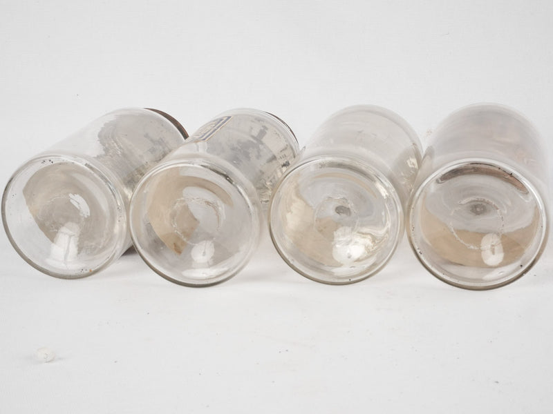 4 apothecary jars - blue & white labels 8¼"