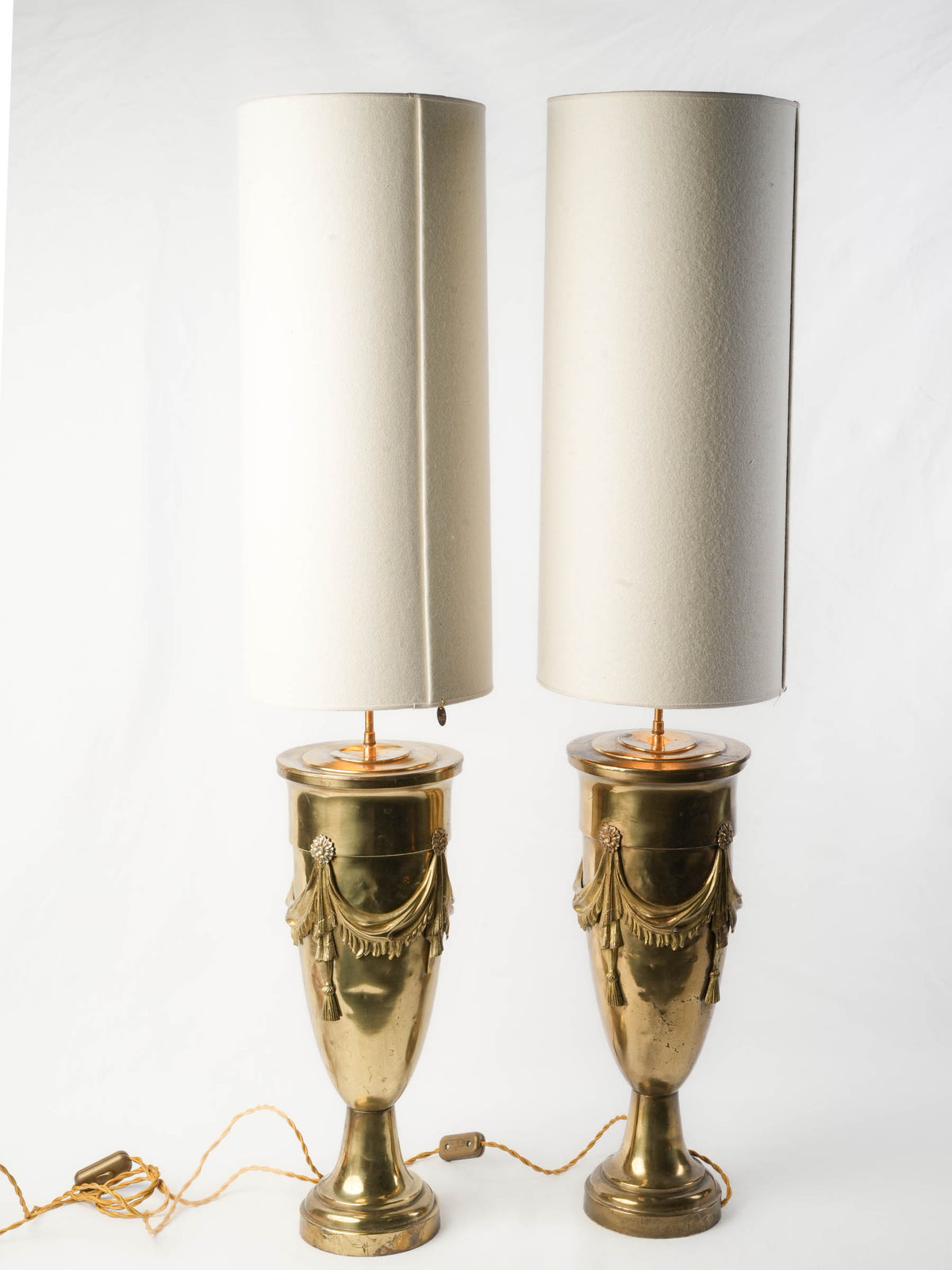 Pair of Very Tall Brass Urn Table Lamps w/ Custom-Made Felt Shades - 45"