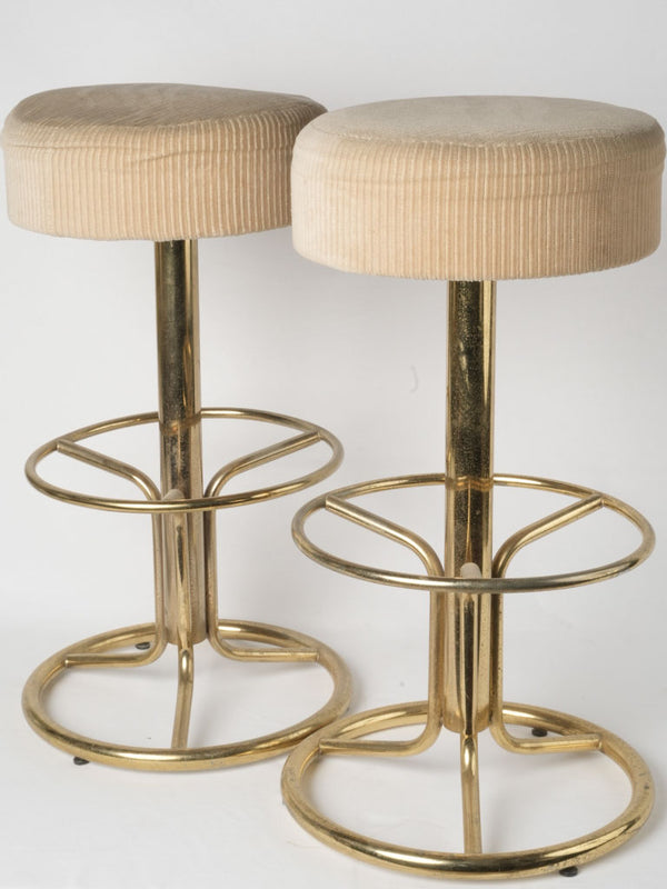 Vintage pair of gilded metal barstools w/ cream-color velvet seats 29½"