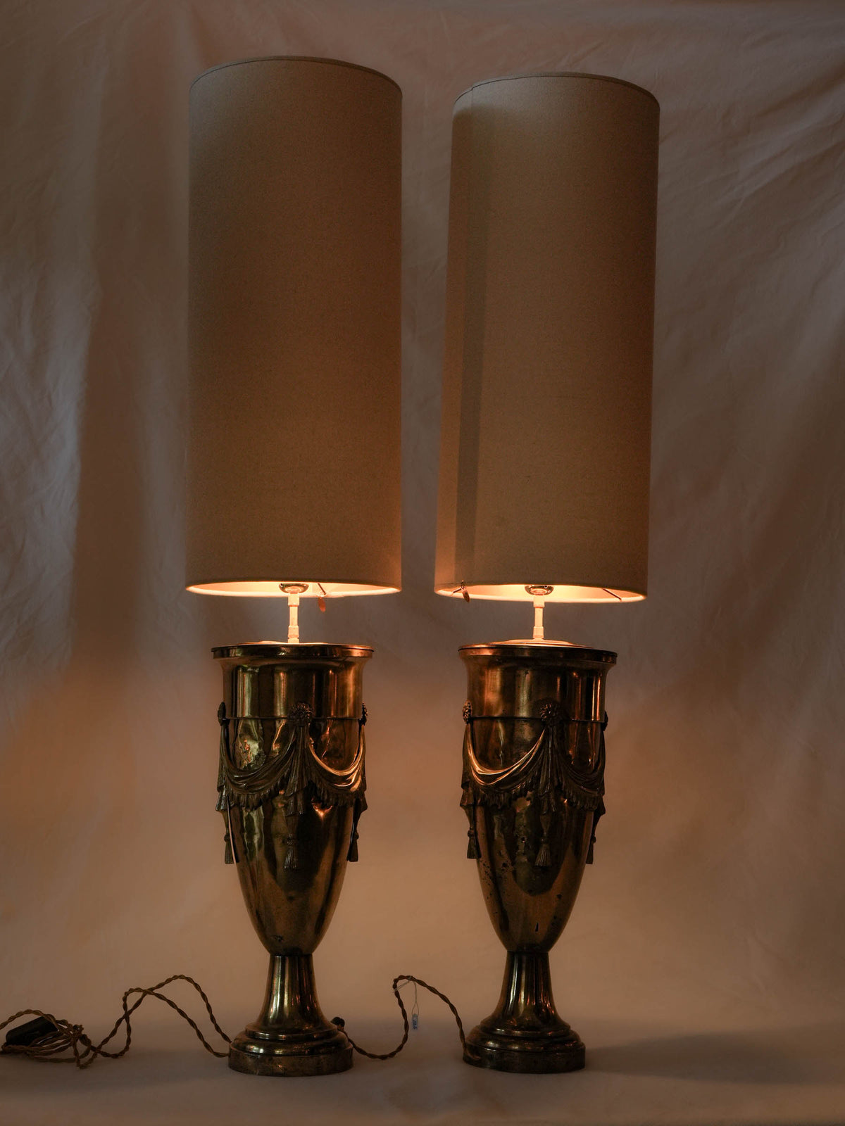 Pair of Very Tall Brass Urn Table Lamps w/ Custom-Made Felt Shades - 45"