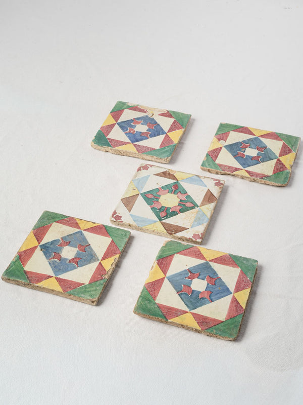 Set of Five Antique Portuguese Cement Tiles w/ Mediterranean Colors