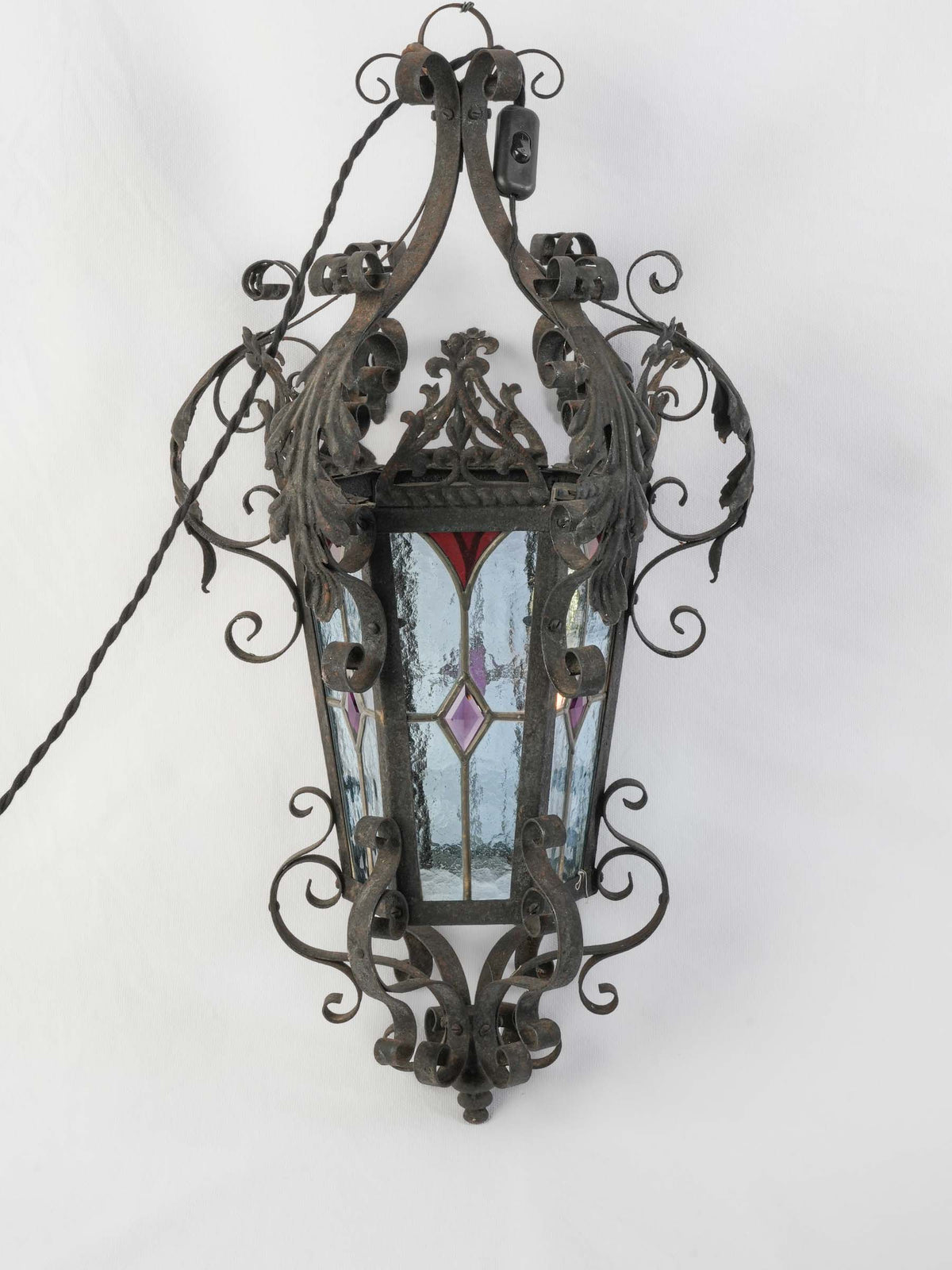 Mid-20th-Century French Wrought-Iron Lantern w/ Colored Stained Glass - 26½" x 15¾"
