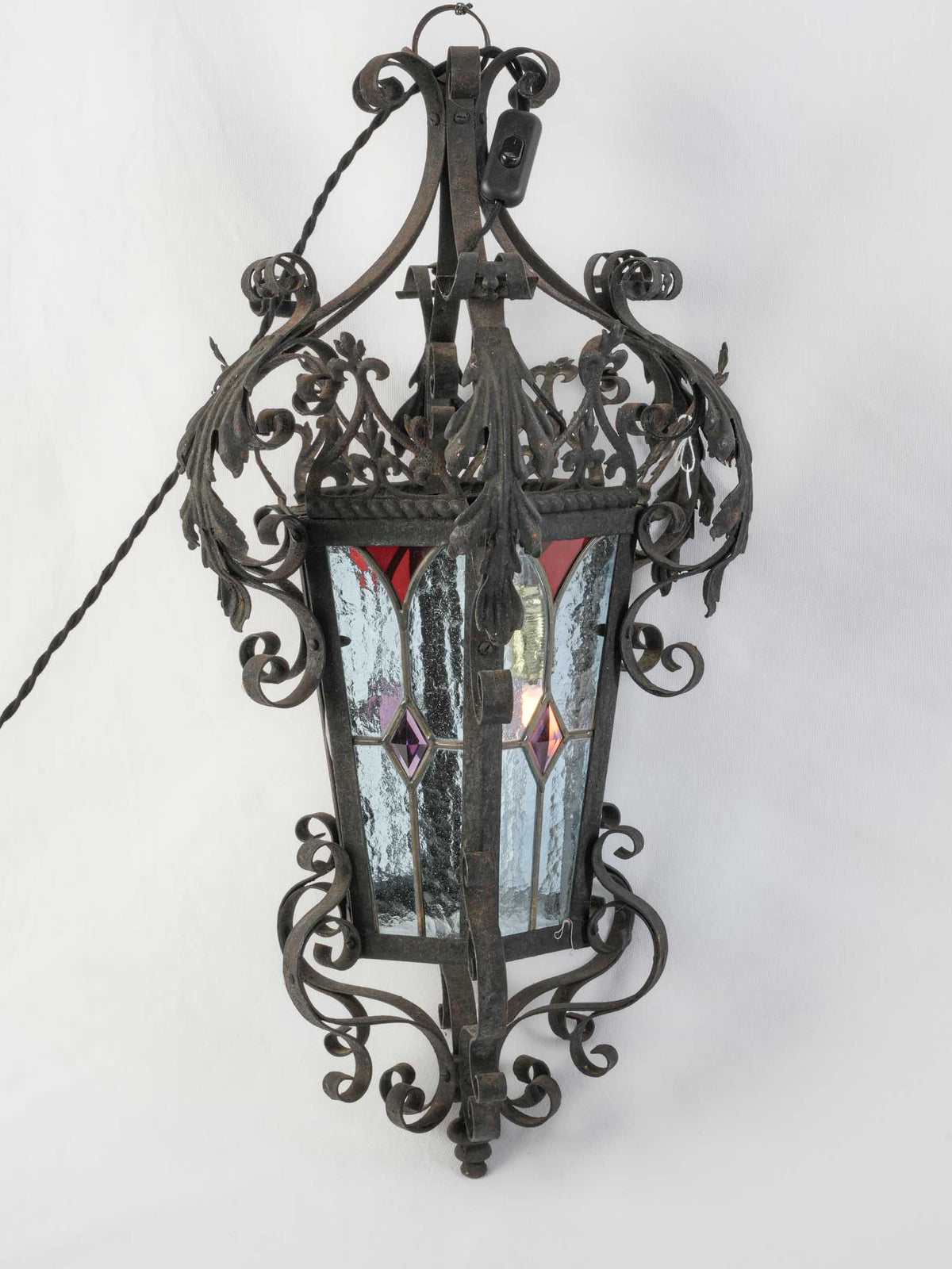 Mid-20th-Century French Wrought-Iron Lantern w/ Colored Stained Glass - 26½" x 15¾"