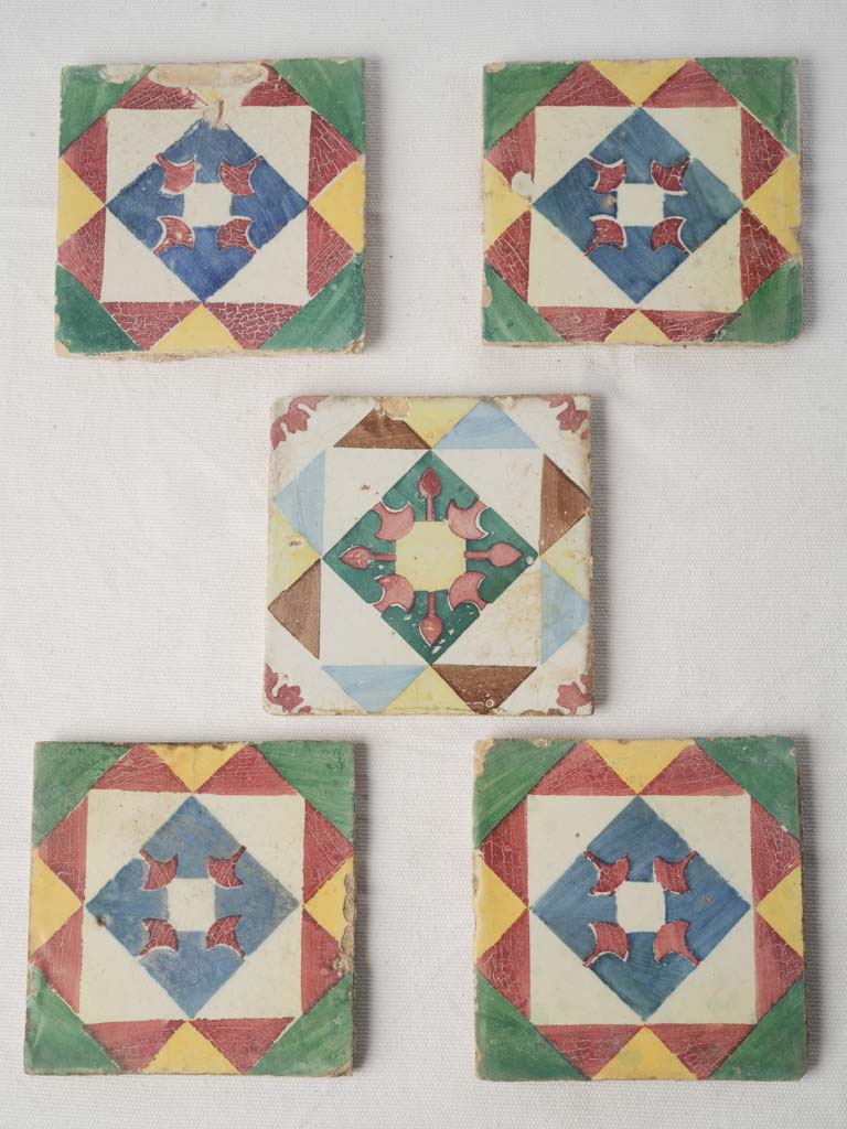 Set of Five Antique Portuguese Cement Tiles w/ Mediterranean Colors - 5½" x 5½"