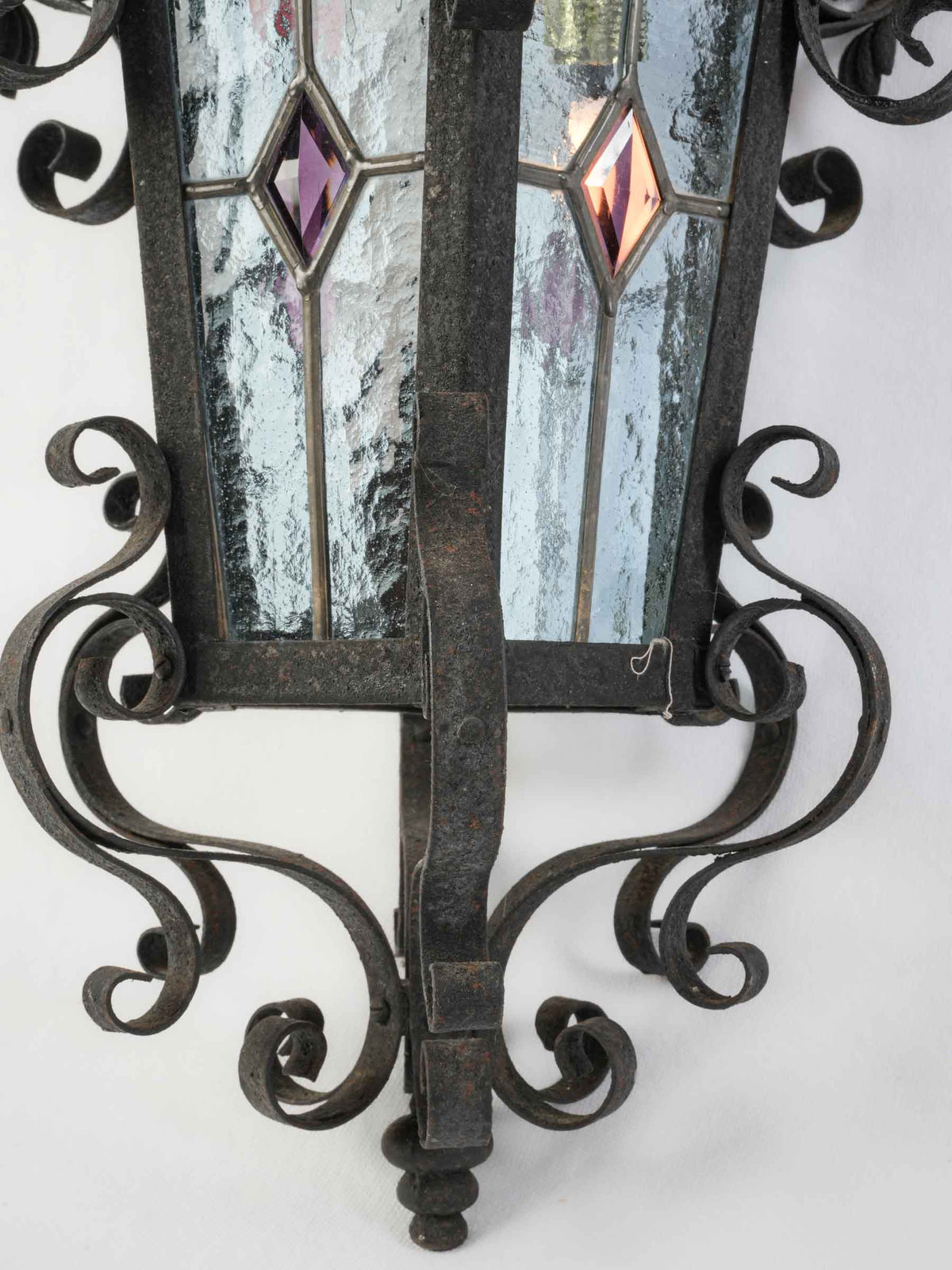 Mid-20th-Century French Wrought-Iron Lantern w/ Colored Stained Glass - 26½" x 15¾"