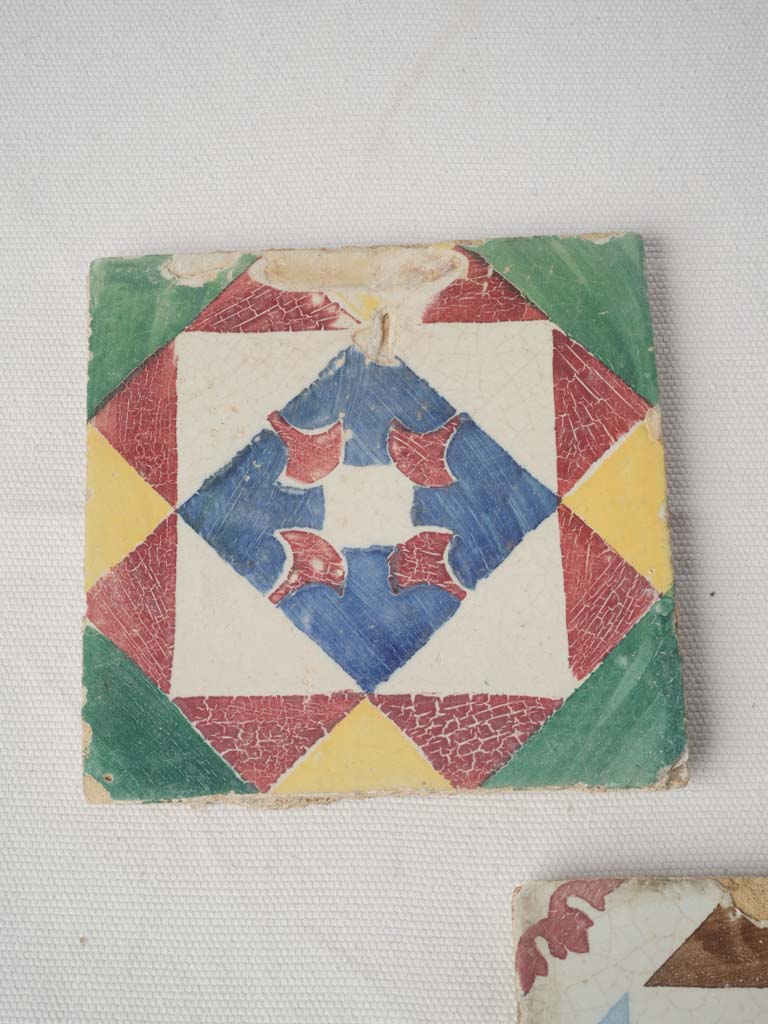 Set of Five Antique Portuguese Cement Tiles w/ Mediterranean Colors - 5½" x 5½"