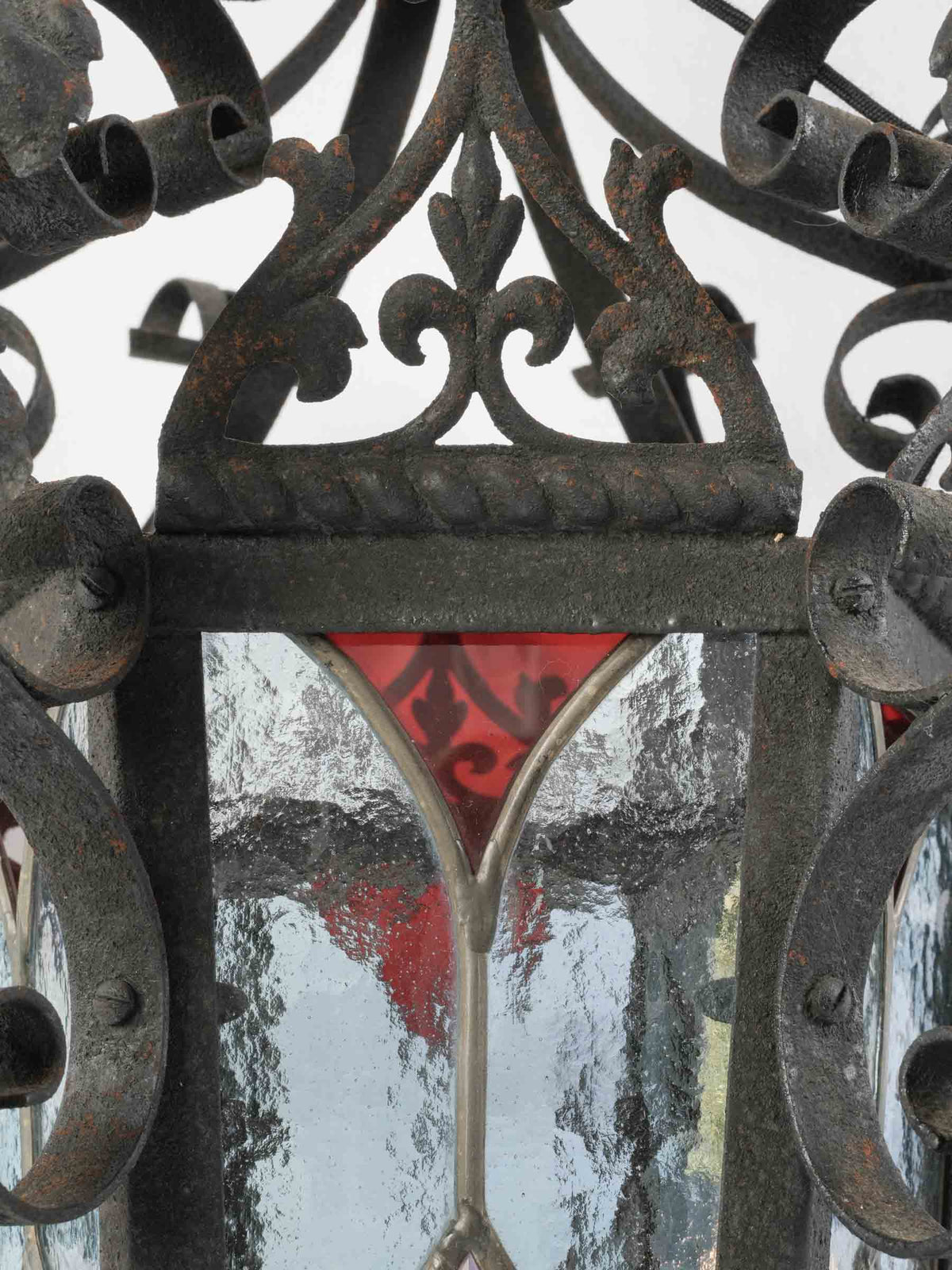 Mid-20th-Century French Wrought-Iron Lantern w/ Colored Stained Glass - 26½" x 15¾"