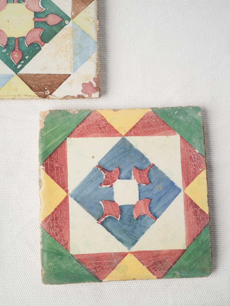 Set of Five Antique Portuguese Cement Tiles w/ Mediterranean Colors - 5½" x 5½"