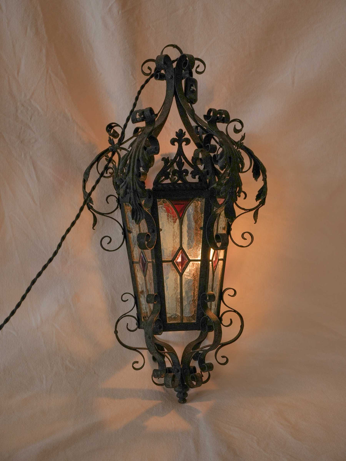 Mid-20th-Century French Wrought-Iron Lantern w/ Colored Stained Glass - 26½" x 15¾"