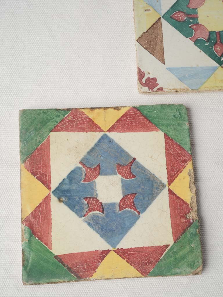 Set of Five Antique Portuguese Cement Tiles w/ Mediterranean Colors - 5½" x 5½"