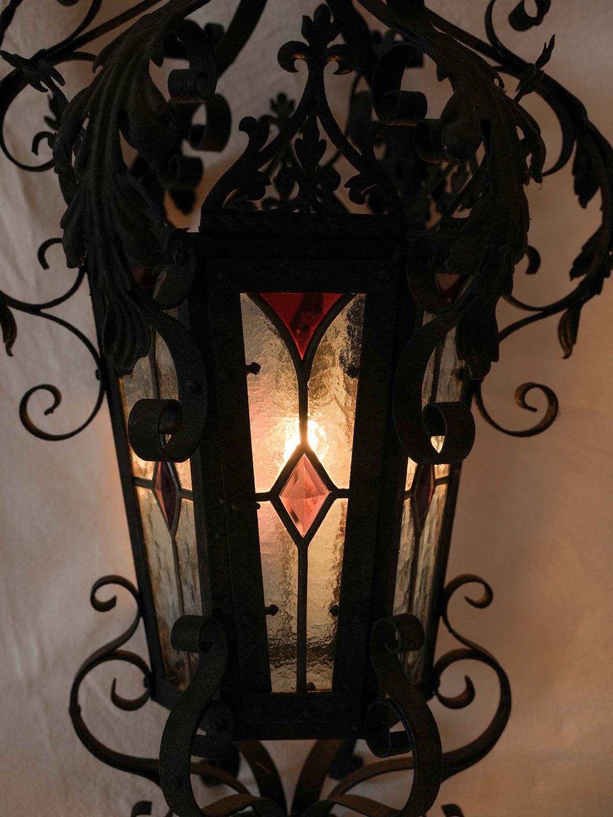 Mid-20th-Century French Wrought-Iron Lantern w/ Colored Stained Glass - 26½" x 15¾"